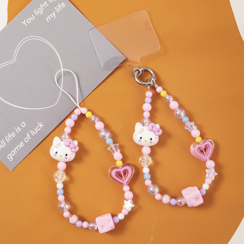 Pink Kitty Love Charm Strap – Adorable Cat & Heart Beads, Cute Pastel Phone Accessory | FAMAKA