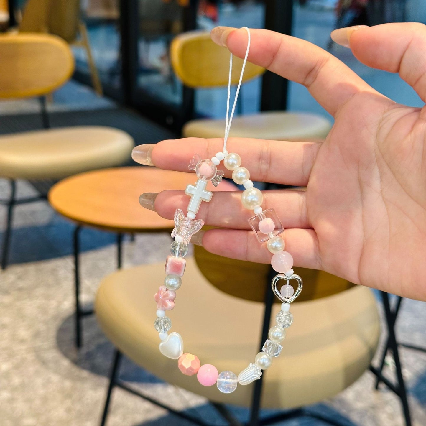 Pink Cross & Heart Charm Strap – Soft Pastel Beads with Pearls and Cute Details | FAMAKA