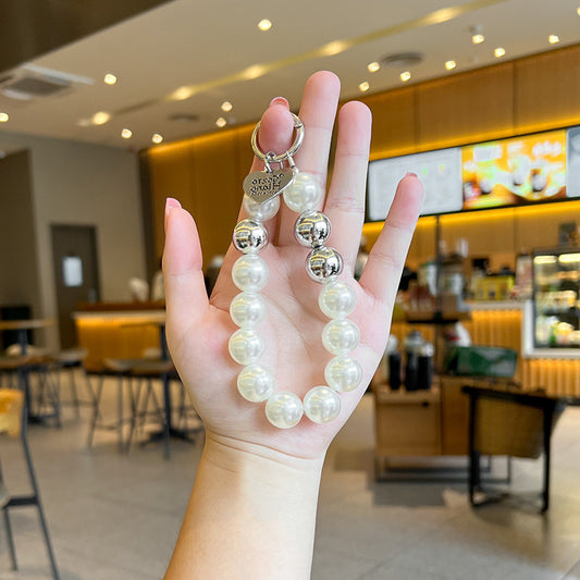 Silver Pearl Charm Strap – Elegant White & Metallic Beads with Heart Pendant | FAMAKA