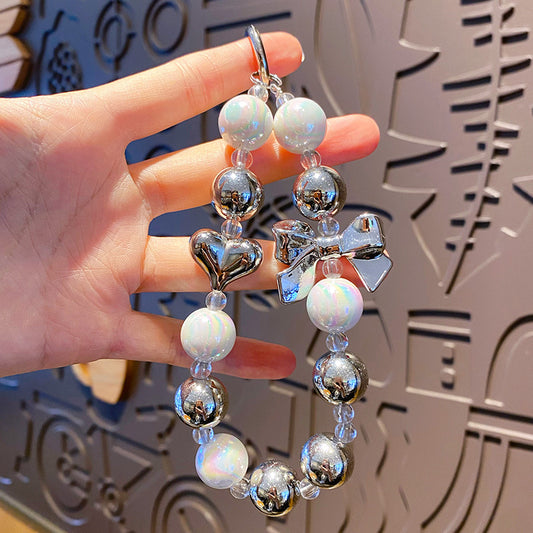 Metallic Bow & Heart Charm Strap – Silver Glossy Beads with Cute Accents | FAMAKA