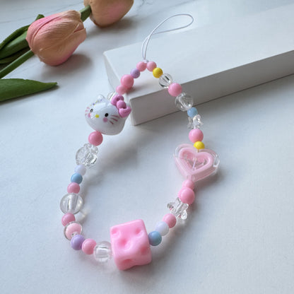Pink Kitty Love Charm Strap – Adorable Cat &amp; Heart Beads, Cute Pastel Phone Accessory | FAMAKA