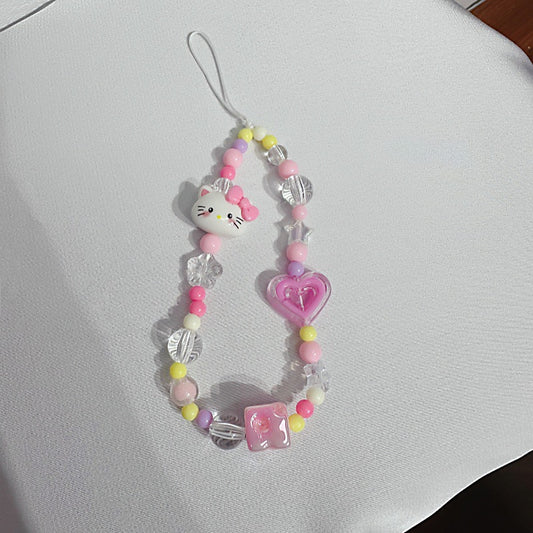 Pink Kitty Love Charm Strap – Adorable Cat & Heart Beads, Cute Pastel Phone Accessory | FAMAKA