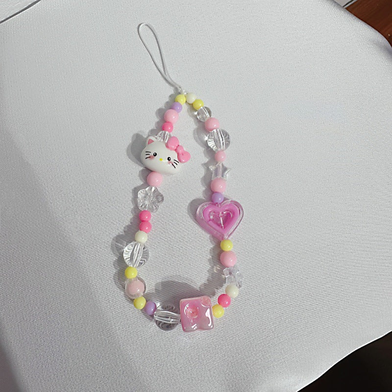 Pink Kitty Love Charm Strap – Adorable Cat &amp; Heart Beads, Cute Pastel Phone Accessory | FAMAKA