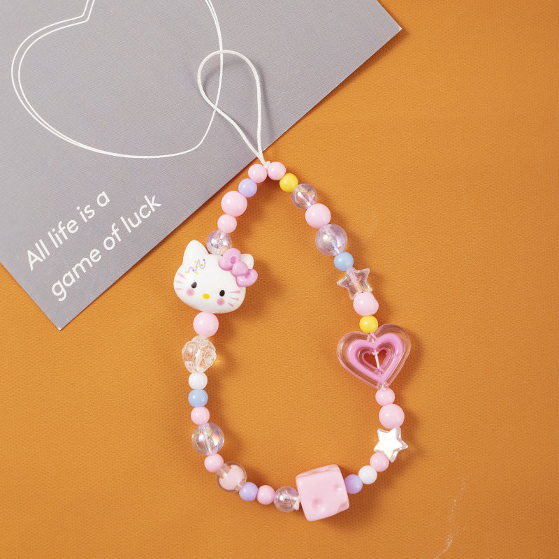 Pink Kitty Love Charm Strap – Adorable Cat &amp; Heart Beads, Cute Pastel Phone Accessory | FAMAKA