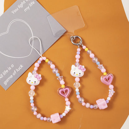 Pink Kitty Love Charm Strap – Adorable Cat &amp; Heart Beads, Cute Pastel Phone Accessory | FAMAKA