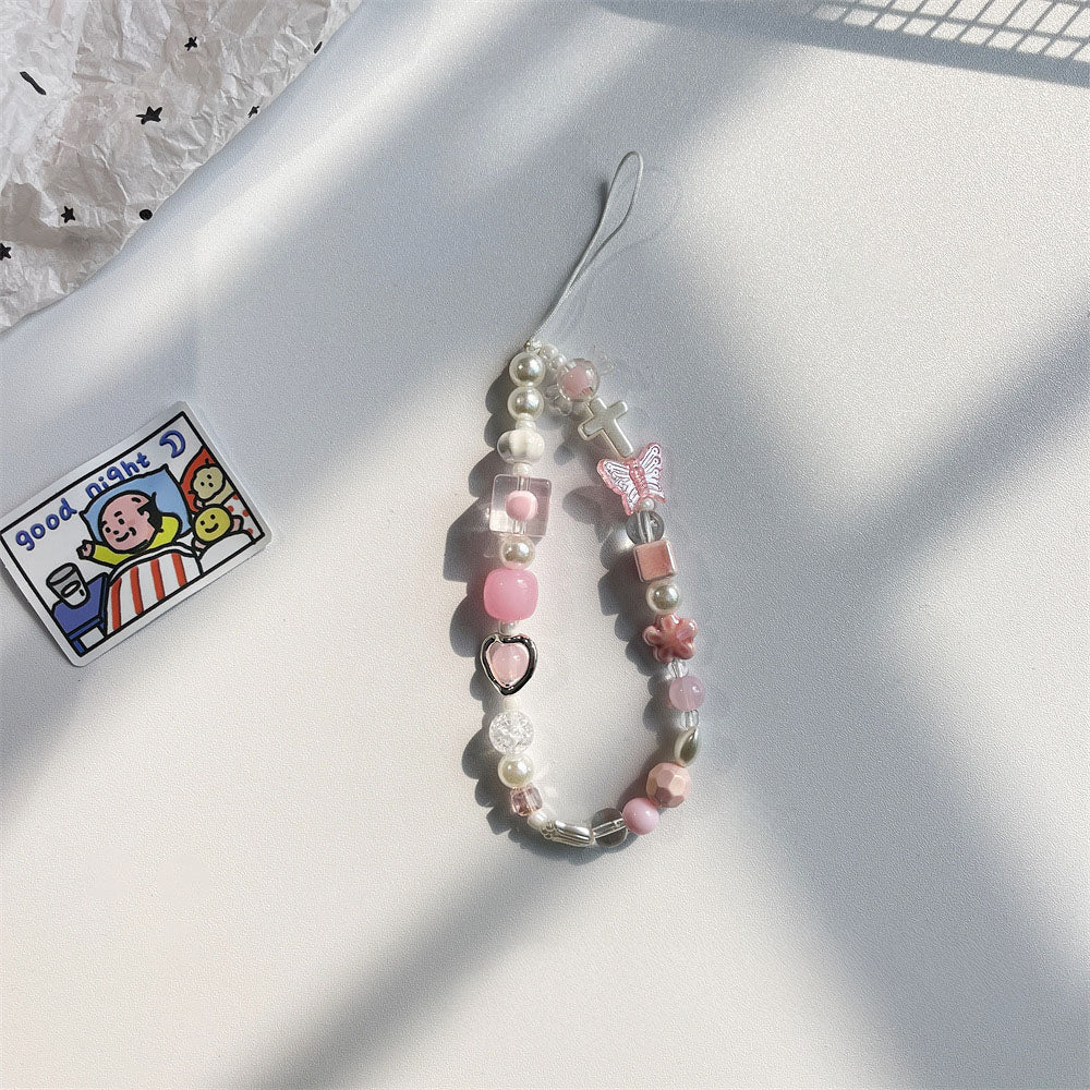 Pink Cross & Heart Charm Strap – Soft Pastel Beads with Pearls and Cute Details | FAMAKA