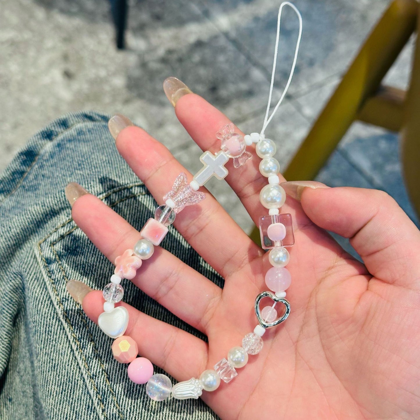 Pink Cross & Heart Charm Strap – Soft Pastel Beads with Pearls and Cute Details | FAMAKA