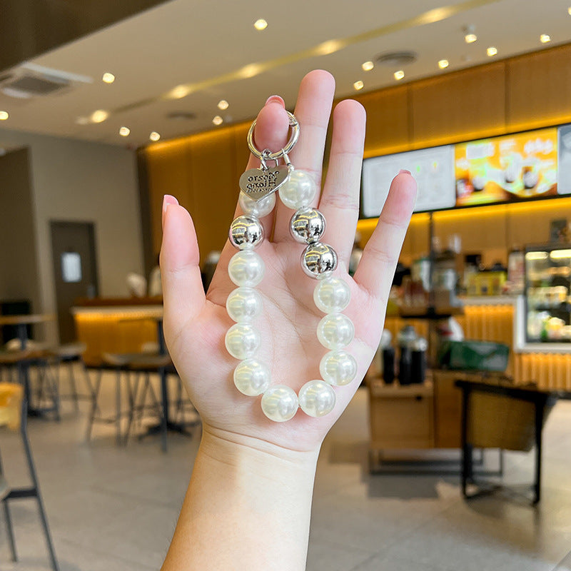 Silver Pearl Charm Strap – Elegant White & Metallic Beads with Heart Pendant | FAMAKA