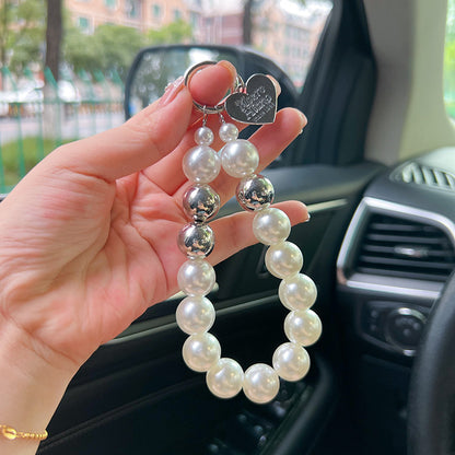 Silver Pearl Charm Strap – Elegant White & Metallic Beads with Heart Pendant | FAMAKA