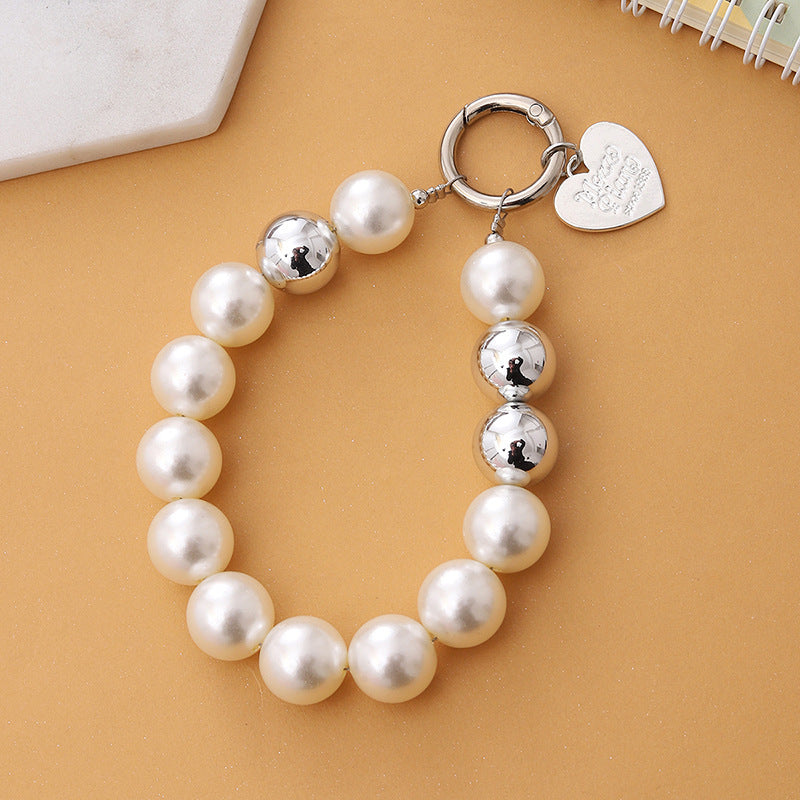 Silver Pearl Charm Strap – Elegant White & Metallic Beads with Heart Pendant | FAMAKA