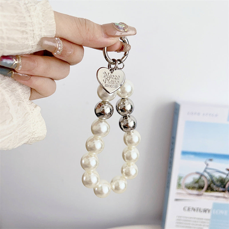 Silver Pearl Charm Strap – Elegant White & Metallic Beads with Heart Pendant | FAMAKA