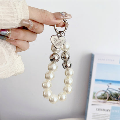 Silver Pearl Charm Strap – Elegant White & Metallic Beads with Heart Pendant | FAMAKA