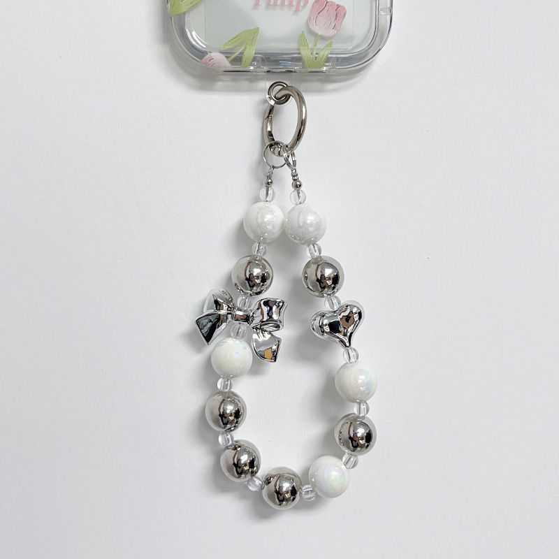 Metallic Bow & Heart Charm Strap – Silver Glossy Beads with Cute Accents | FAMAKA