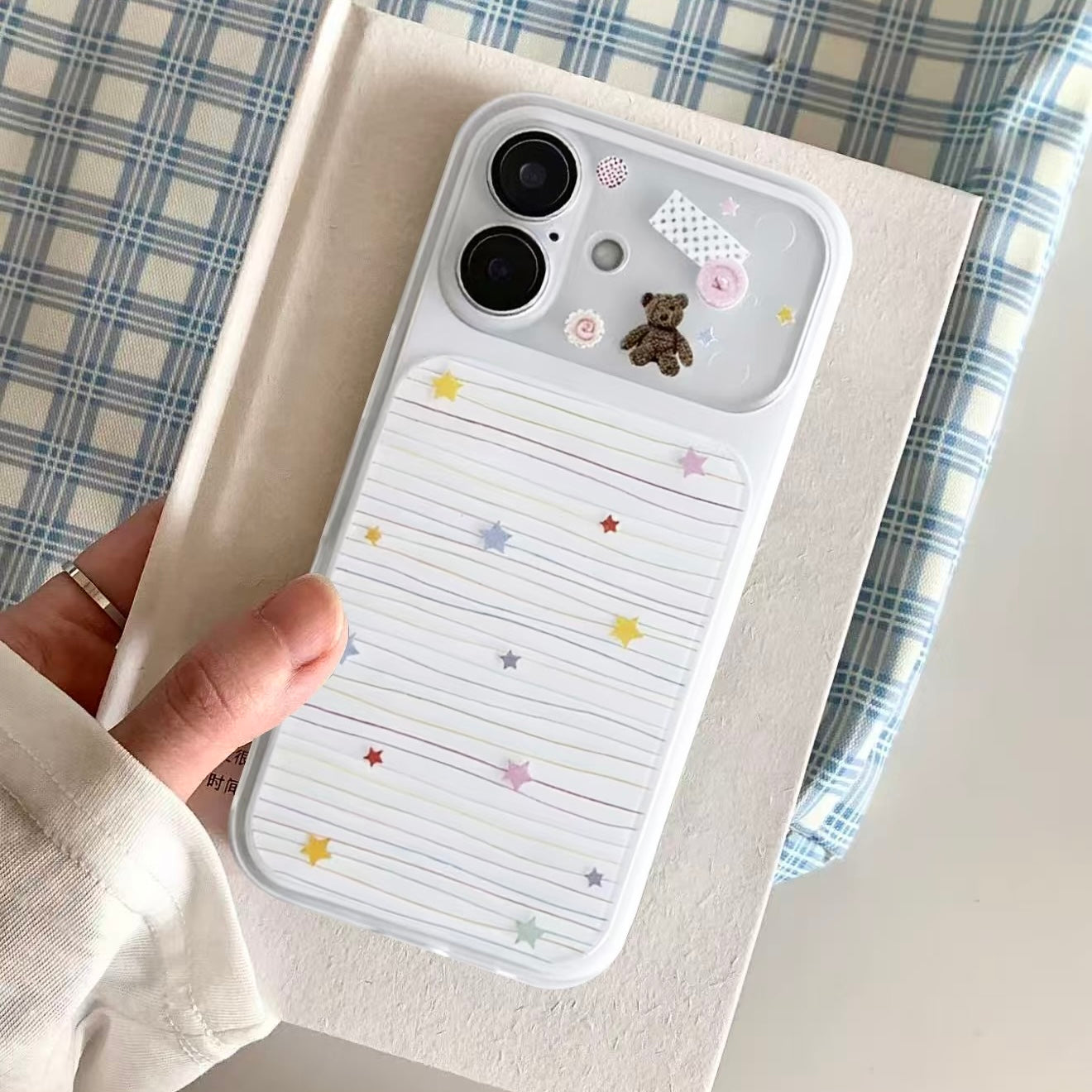 White Striped Star Bear iPhone Case | Cute Window Lens Protective Soft Cover