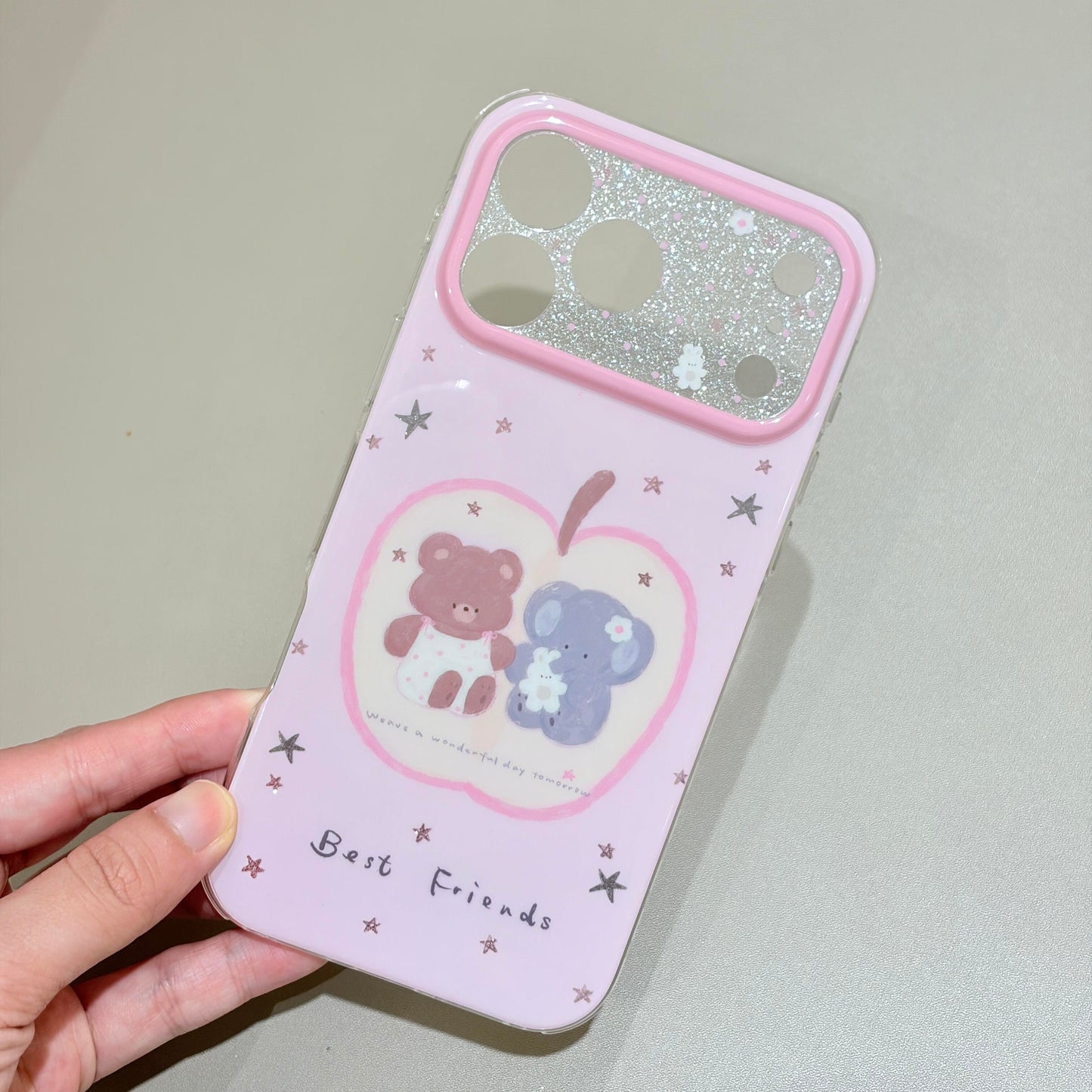 Pink Best Friends Bear & Elephant Glitter Lens Window iPhone Case