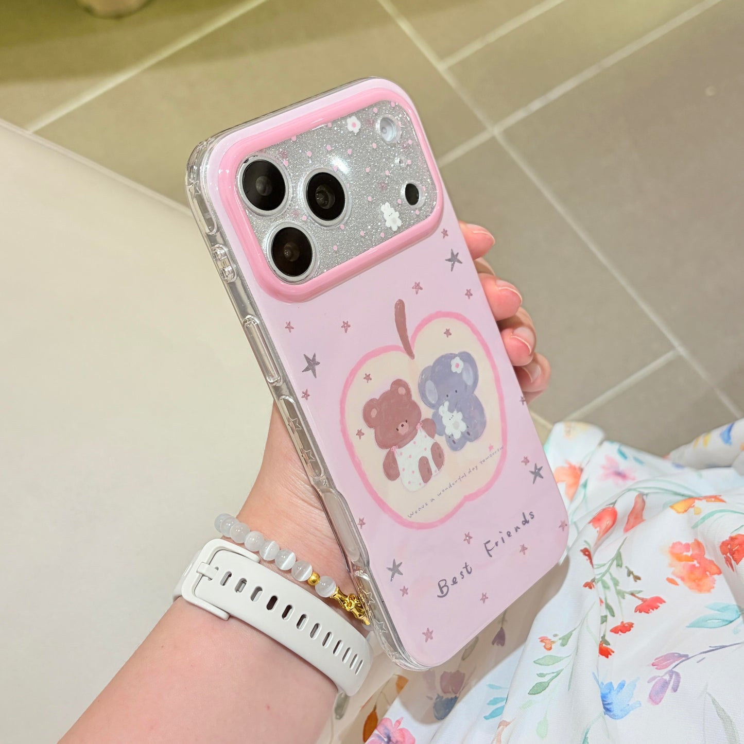 Pink Best Friends Bear & Elephant Glitter Lens Window iPhone Case