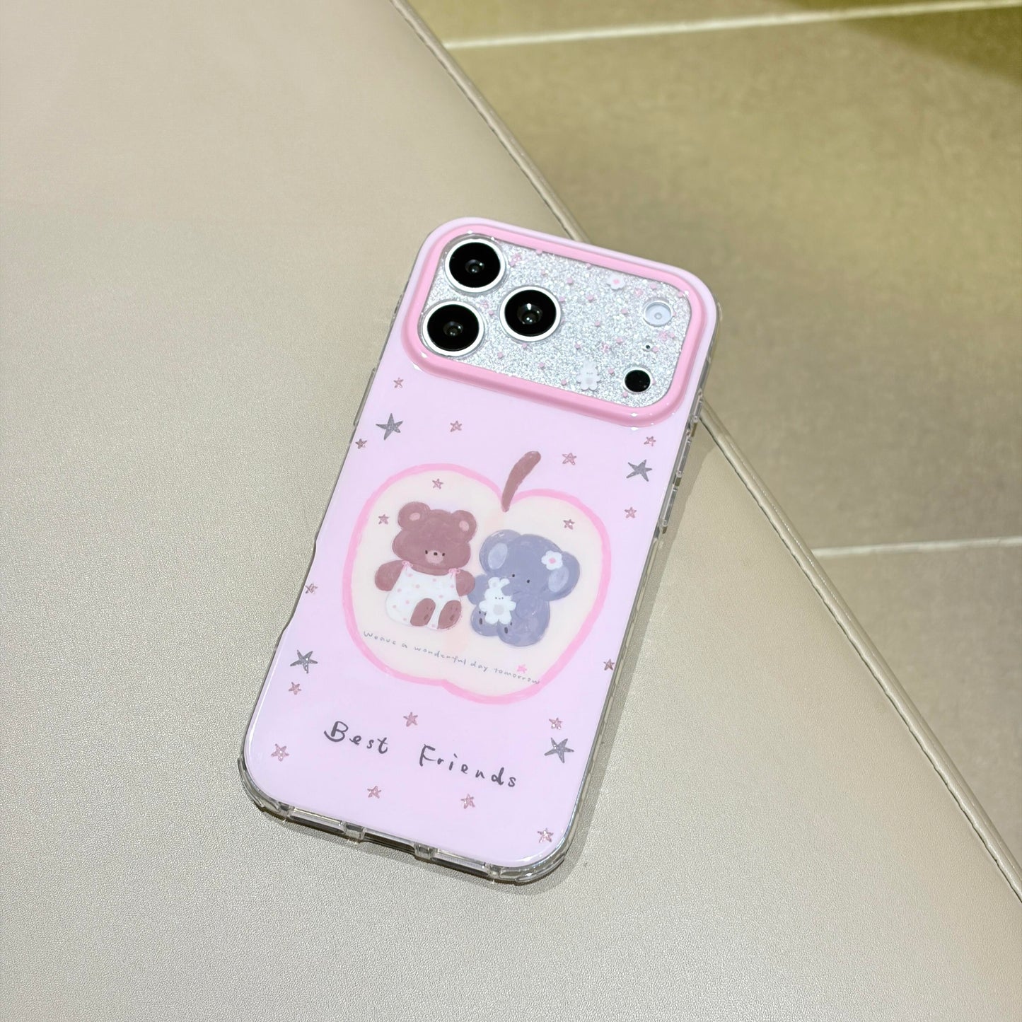 Pink Best Friends Bear & Elephant Glitter Lens Window iPhone Case