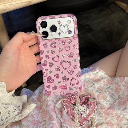 Pink Glitter Heart Rhinestone Camera Window iPhone Case With Pendant