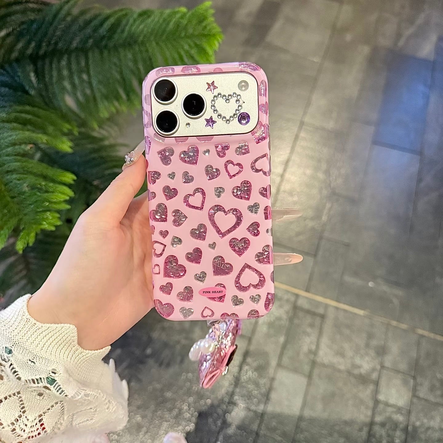 Pink Glitter Heart Rhinestone Camera Window iPhone Case With Pendant