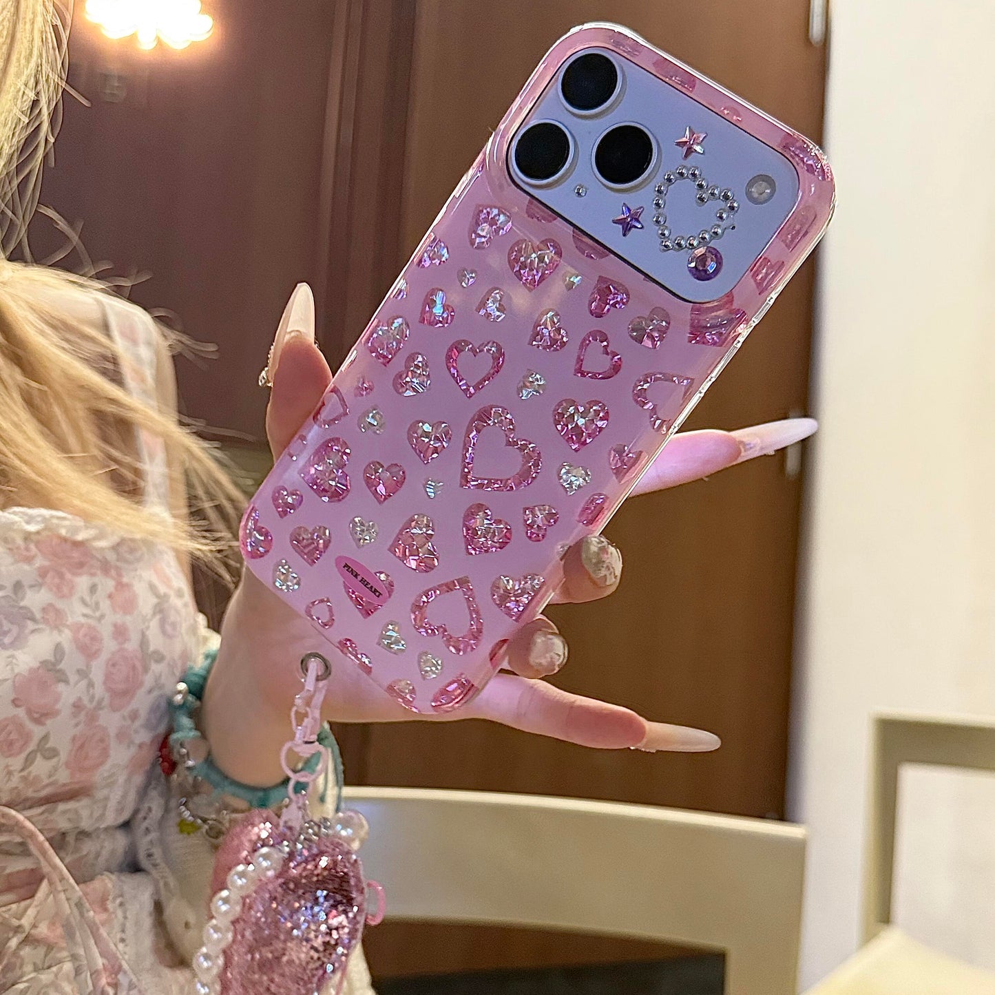 Pink Glitter Heart Rhinestone Camera Window iPhone Case With Pendant