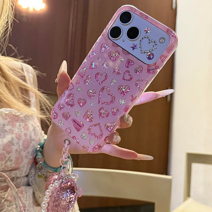 Pink Glitter Heart Rhinestone Camera Window iPhone Case With Pendant