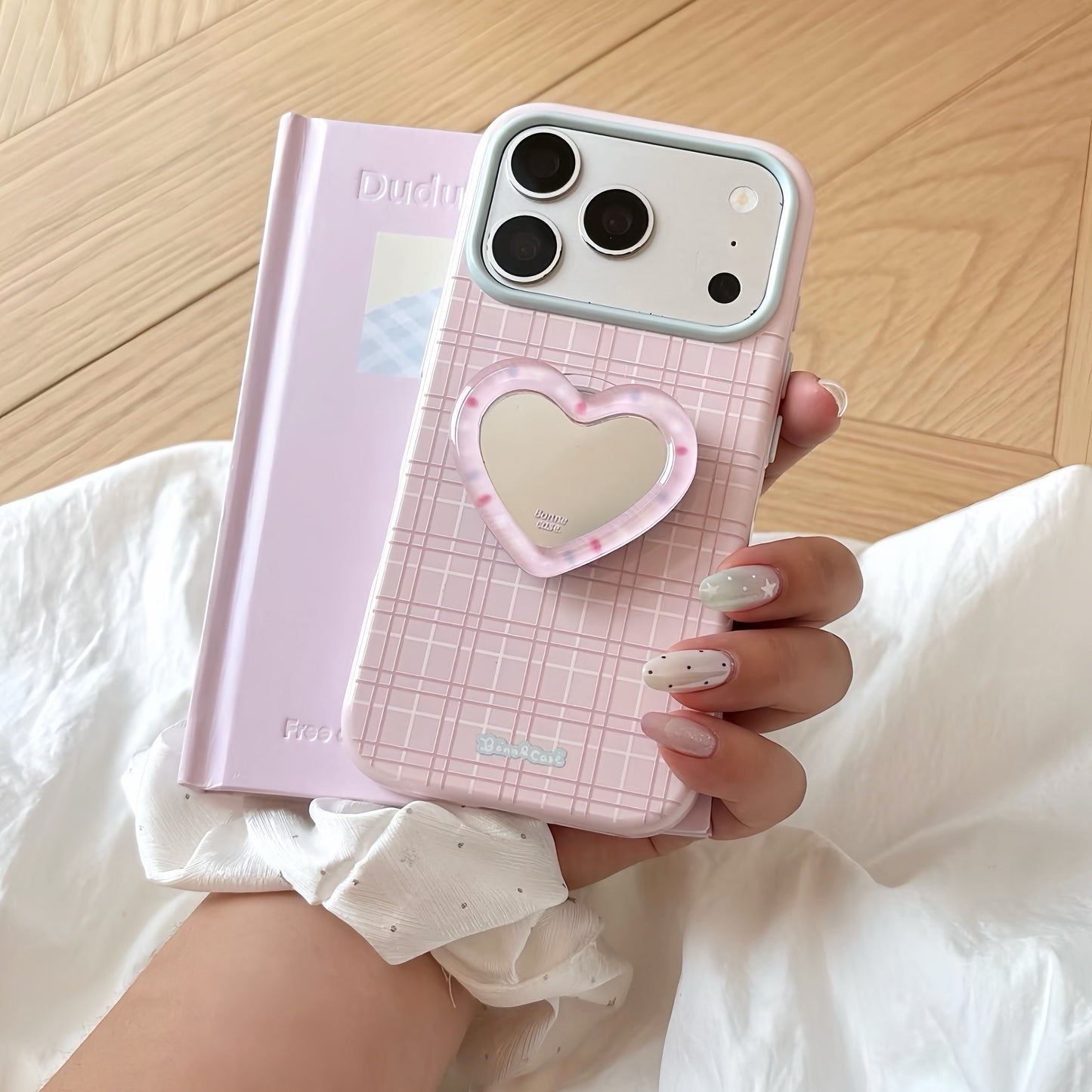 Pink Grid iPhone Case With Heart Mirror PopSocket, Pastel Blue Camera Frame Shockproof Protective Cover | FAMAKA