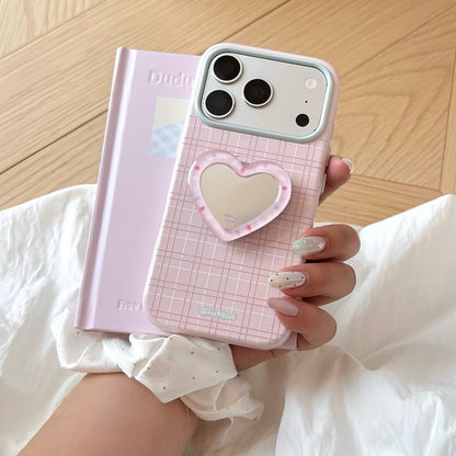 Pink Grid iPhone Case With Heart Mirror PopSocket, Pastel Blue Camera Frame Shockproof Protective Cover | FAMAKA