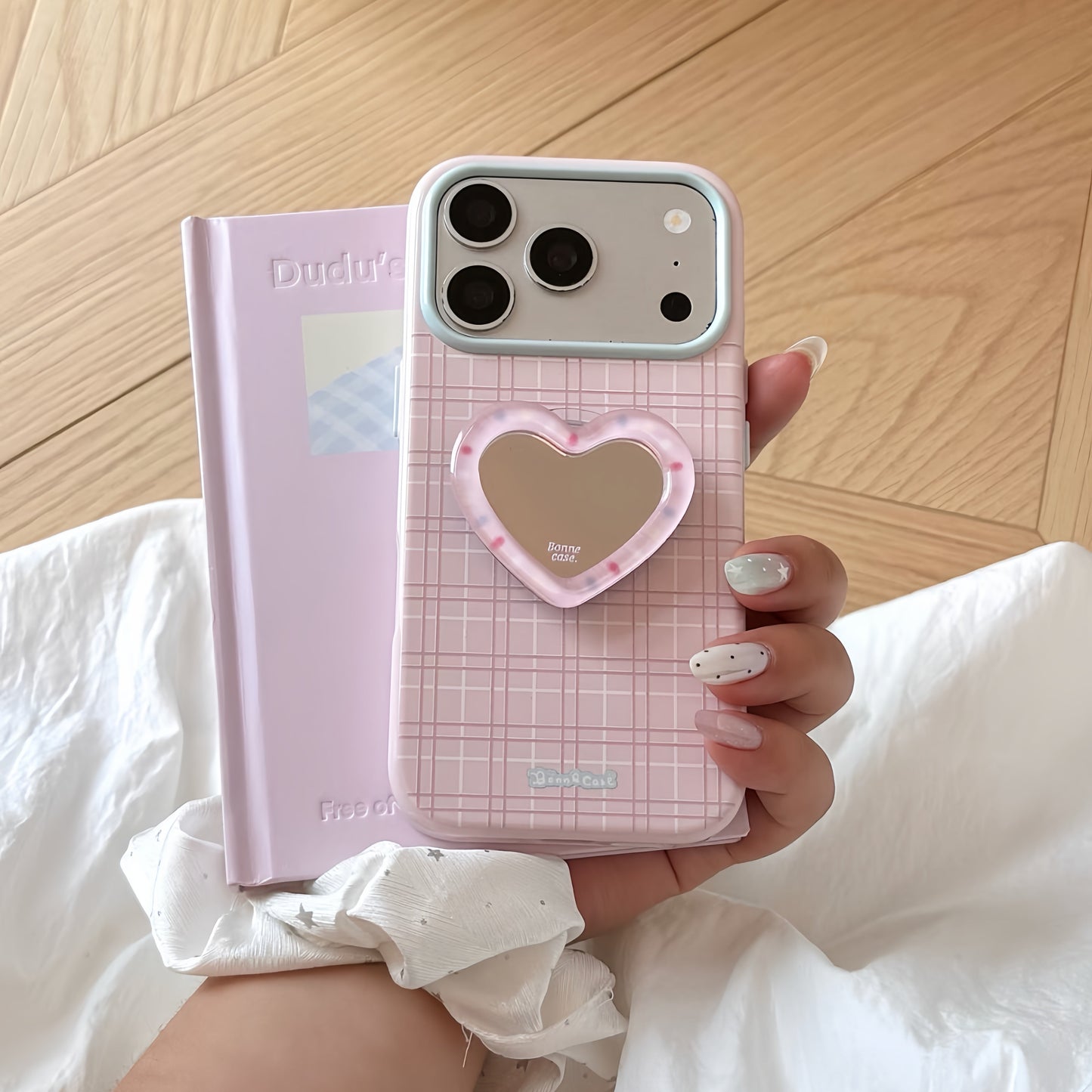 Pink Grid iPhone Case With Heart Mirror PopSocket, Pastel Blue Camera Frame Shockproof Protective Cover | FAMAKA