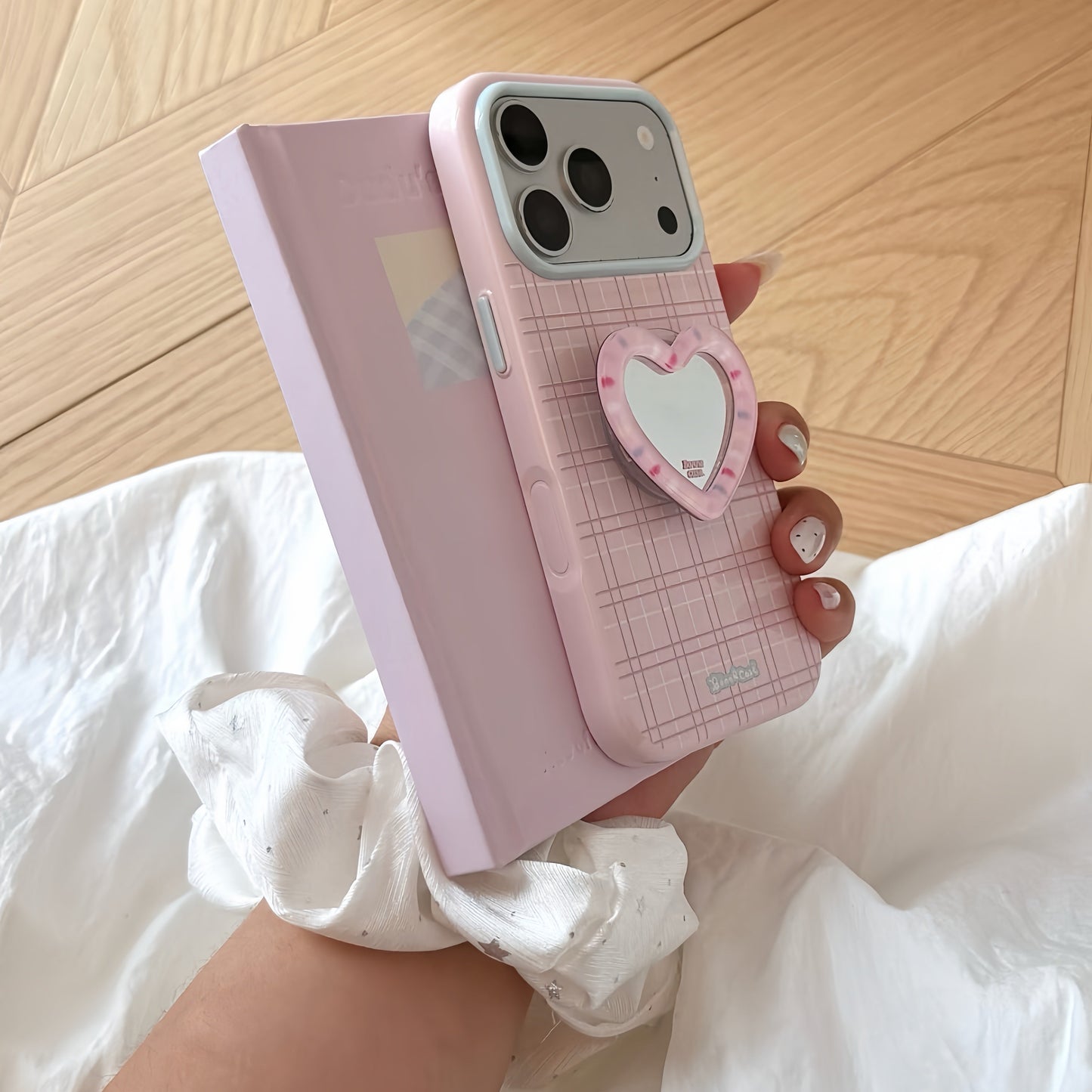 Pink Grid iPhone Case With Heart Mirror PopSocket, Pastel Blue Camera Frame Shockproof Protective Cover | FAMAKA