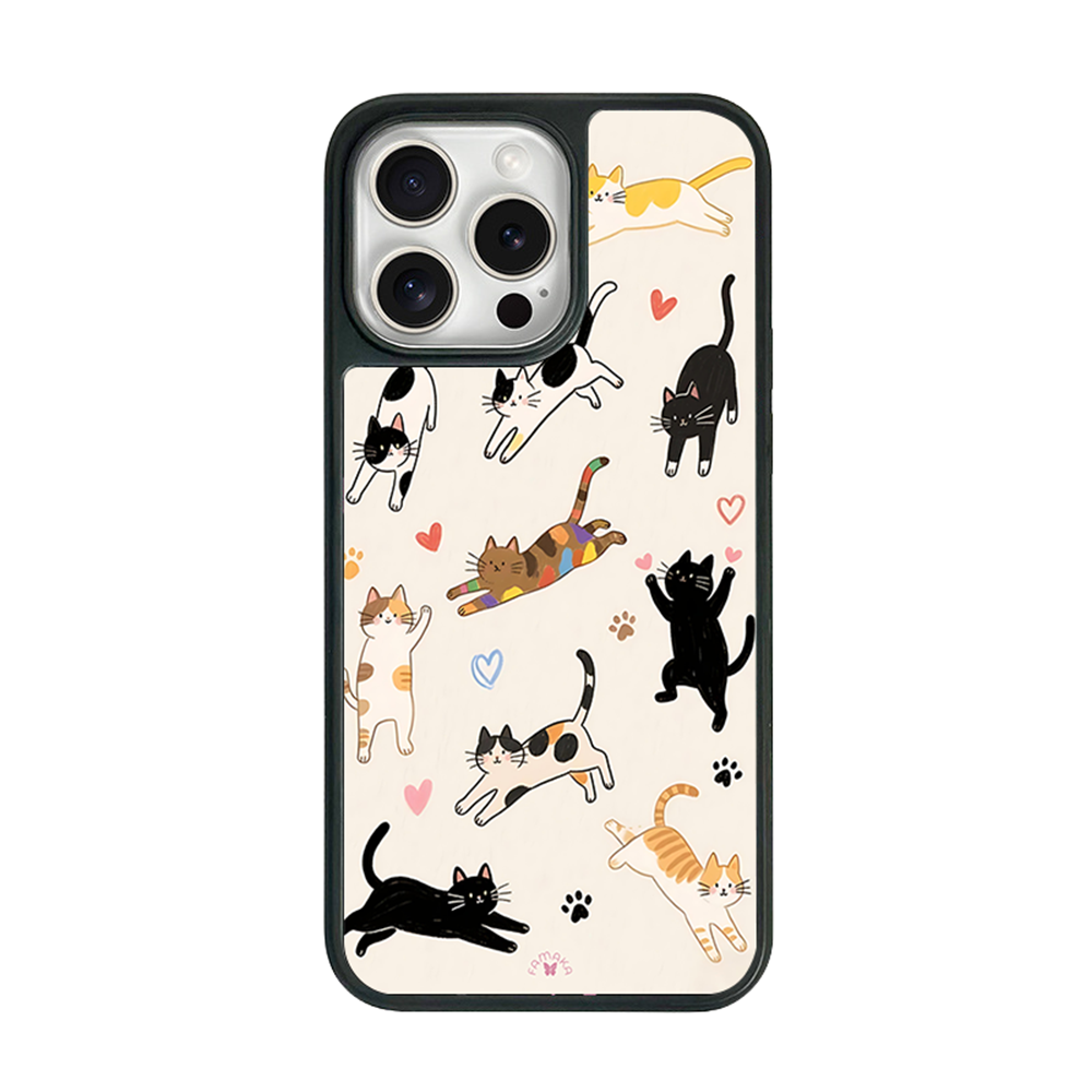 Playful Cats Cartoon iPhone Case – Cute Cat Illustration with Hearts & Paw Prints, Protective Cover | Famaka