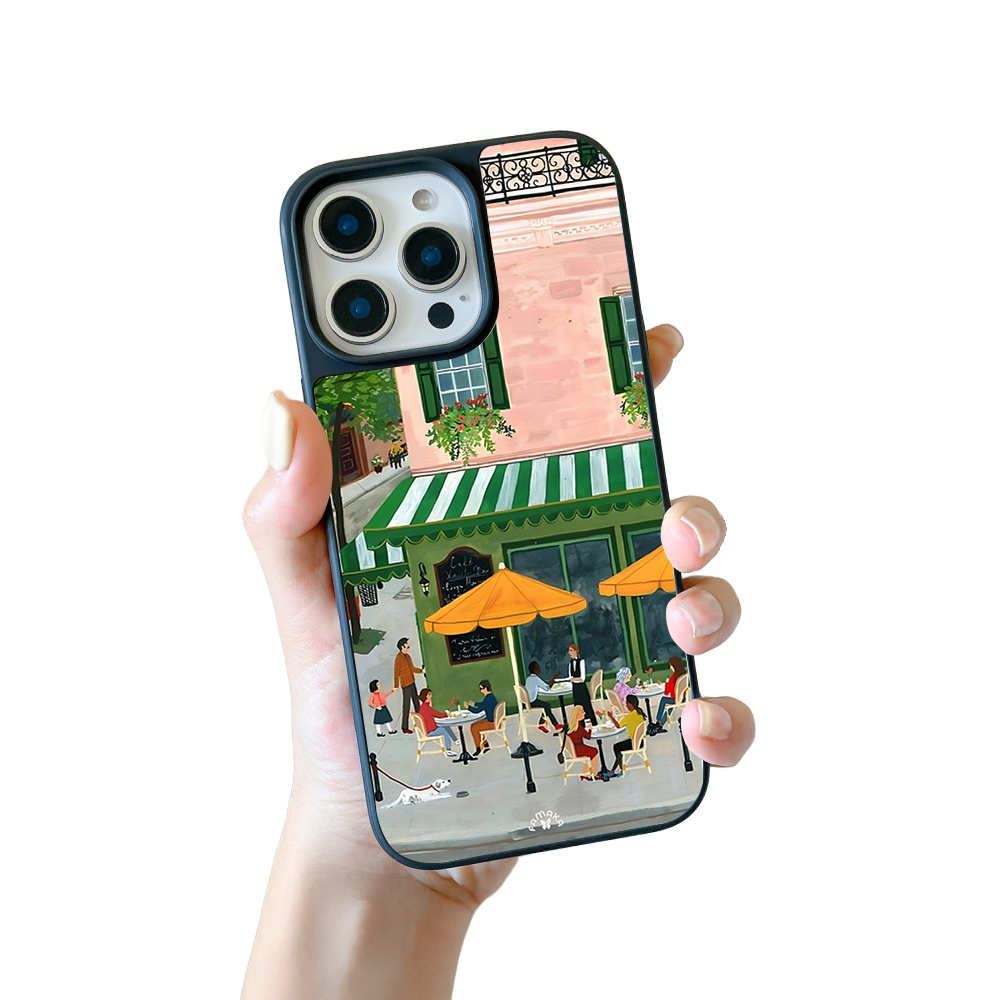 PariCafé Scene iPhone Case – Charming Outdoor Lifestyle Illustration, Protective Cover | FAMAKA
