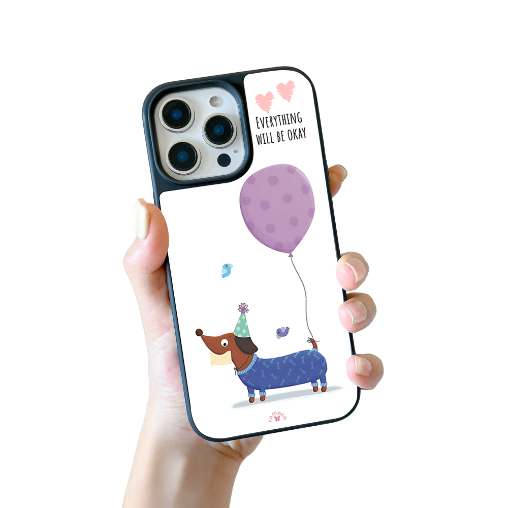 Dachshund with Balloon iPhone Case – Cute Dog Cartoon with Positive Quote, Protective Cover | Famaka