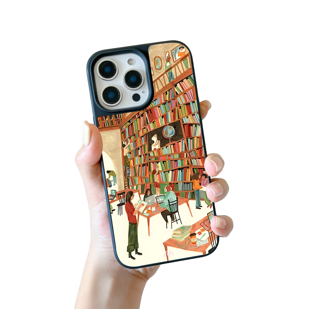 Cozy Library iPhone Case – Artistic Bookstore & Reading Scene Design, Protective Cover | Famaka
