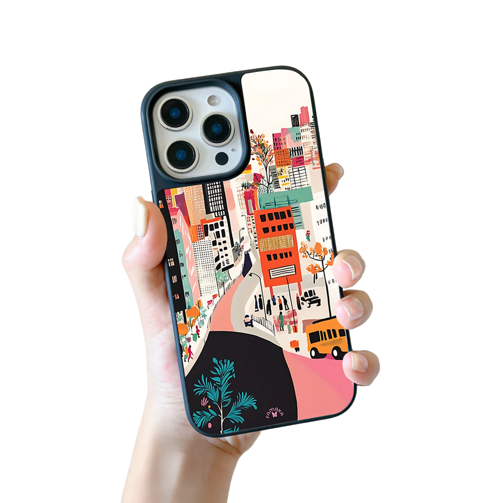 City Street Illustration iPhone Case – Colorful Urban Scene Design, Protective Cover | Famaka