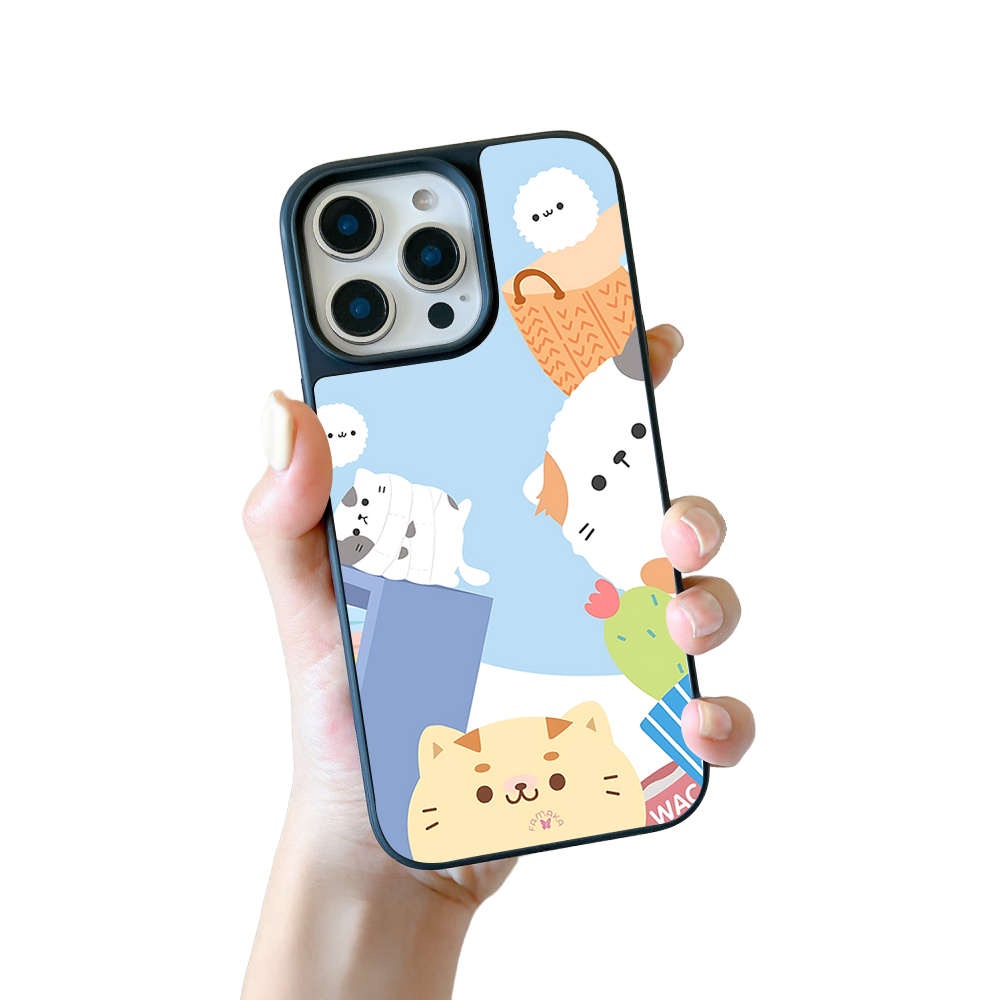 Cute Pets Cartoon iPhone Case – Adorable Cat & Puppy Illustration, Protective Cover | Famaka
