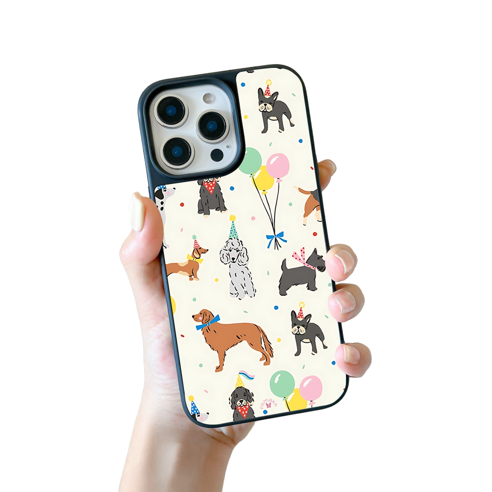 Party Dogs Celebration iPhone Case – Fun Cartoon Dogs with Balloons & Hats, Protective Cover | Famaka