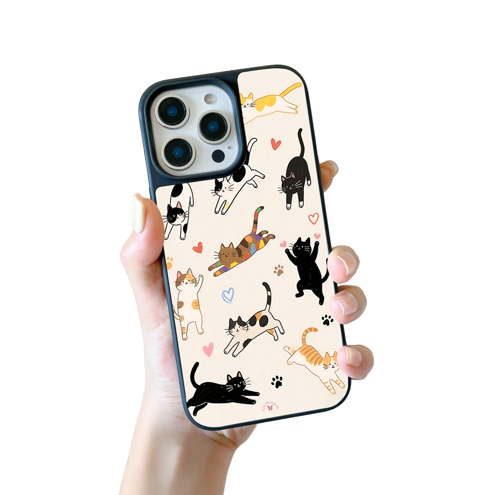 Playful Cats Cartoon iPhone Case – Cute Cat Illustration with Hearts & Paw Prints, Protective Cover | Famaka