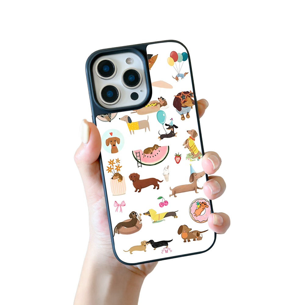Dachshund Party iPhone Case – Fun Cartoon Sausage Dog Illustration, Protective Cover | Famaka