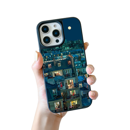 Night City Windows iPhone Case – Cozy Evening Apartment Illustration, Protective Cover | Famaka
