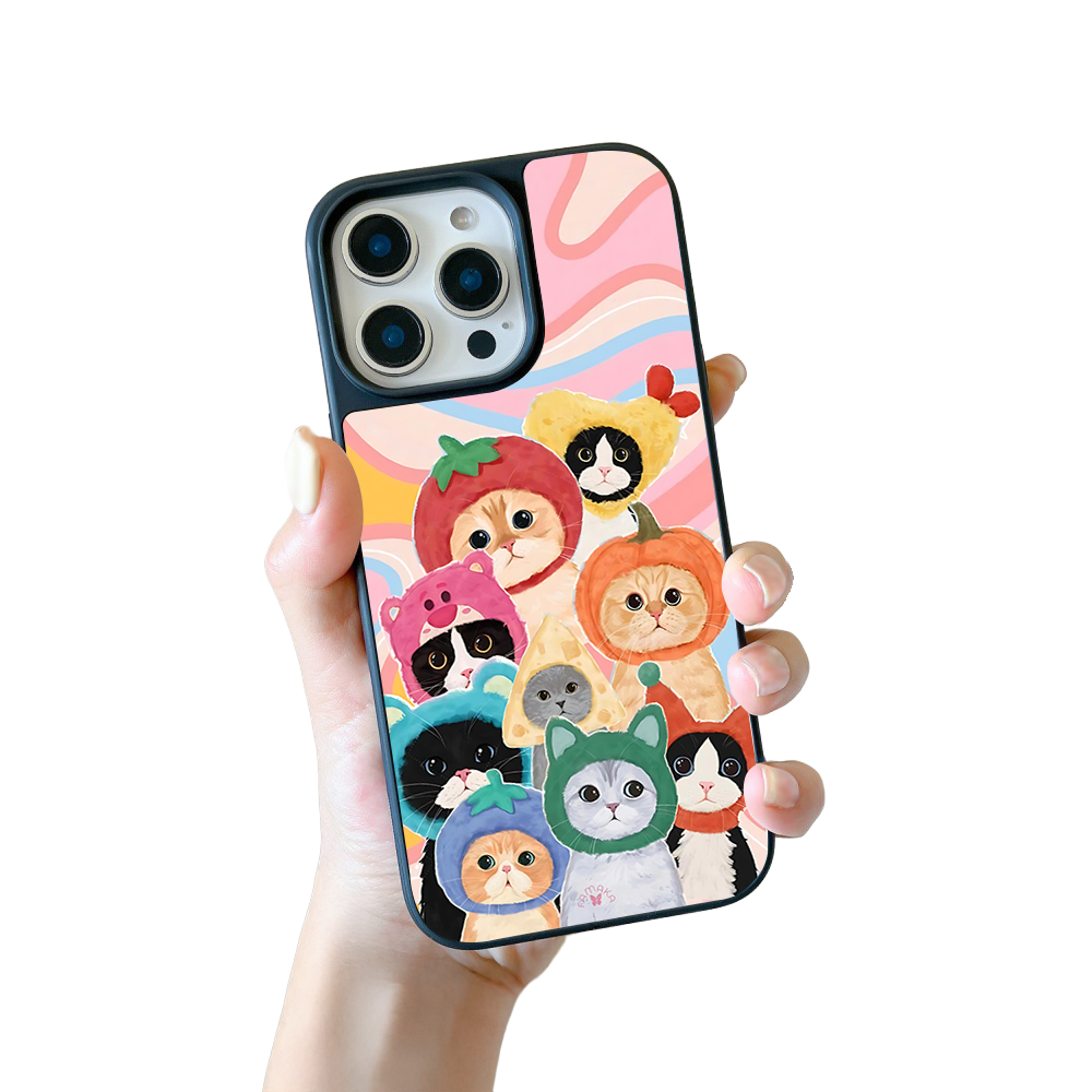 Fruit Hat Cats iPhone Case – Cute Cartoon Cats in Colorful Costumes, Protective Cover | Famaka