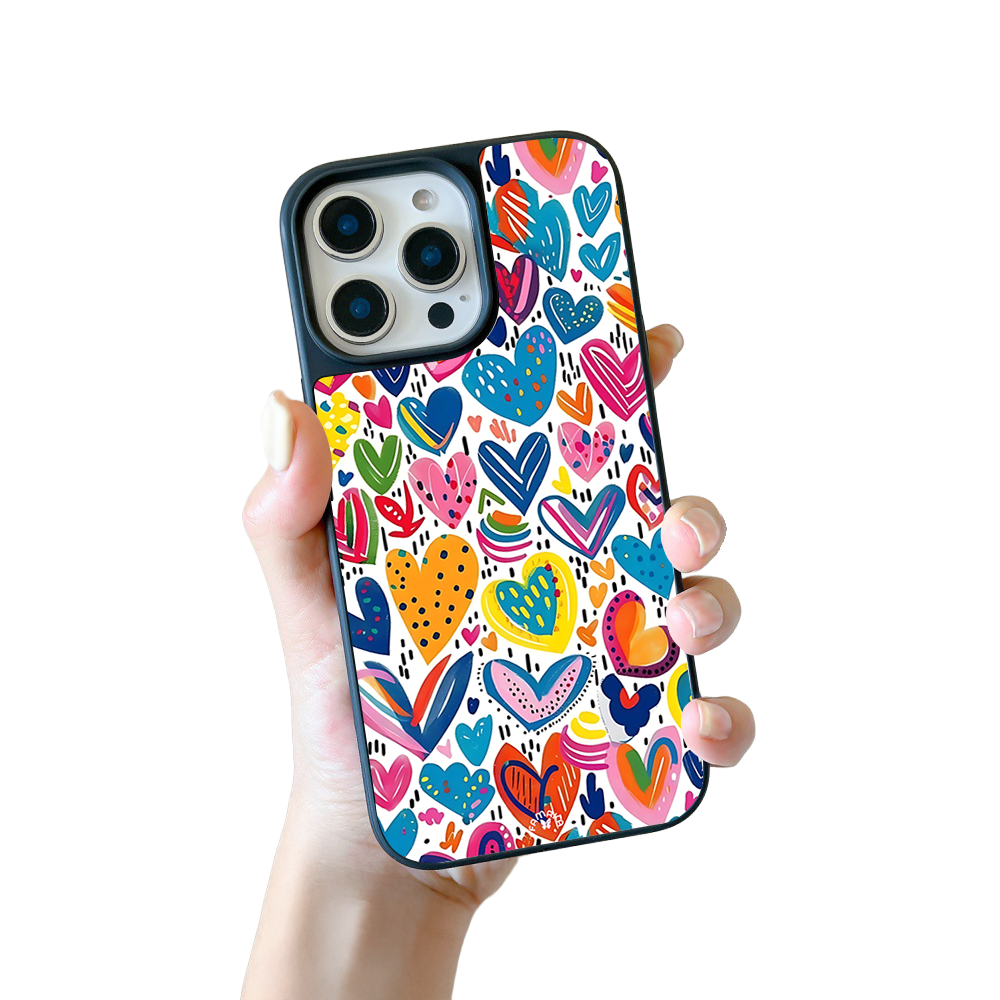 Colorful Hearts iPhone Case – Bright Hand-Drawn Love Illustration, Protective Cover | FAMAKA