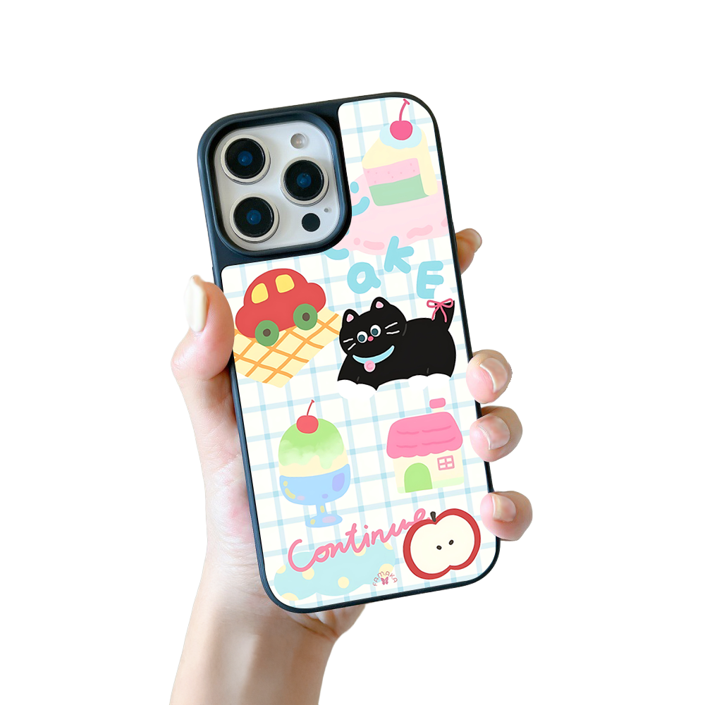 Black Cat & Cake iPhone Case – Cute Cartoon Cat with Dessert & Playful Illustration, Protective Cover | Famaka