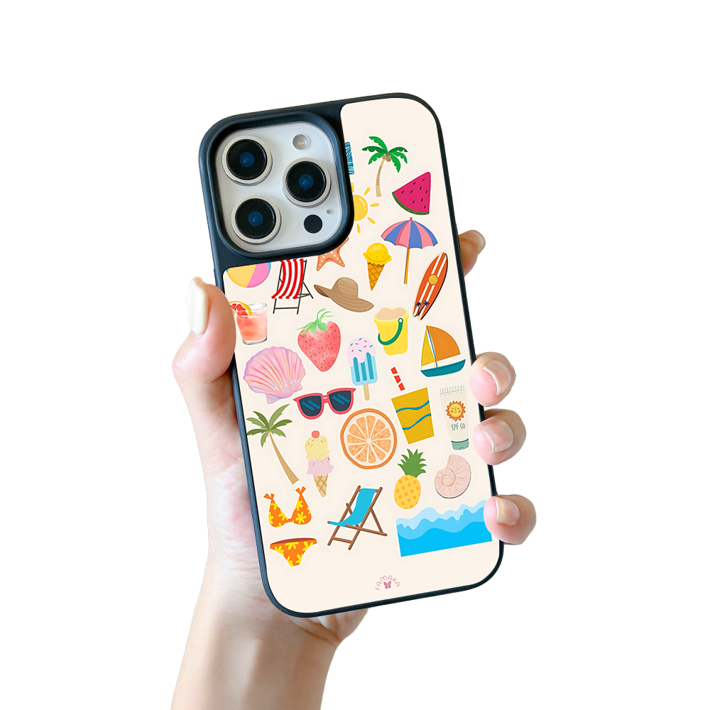 Summer Vibes iPhone Case – Beach Icons, Tropical Fruit & Vacation Illustration, Protective Cover | Famaka