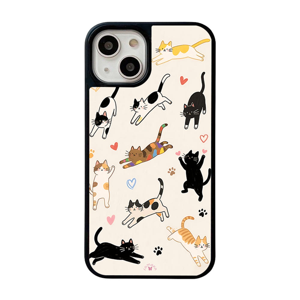 Playful Cats Cartoon iPhone Case – Cute Cat Illustration with Hearts & Paw Prints, Protective Cover | Famaka