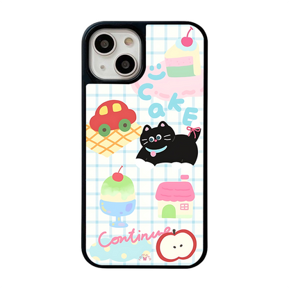 Black Cat & Cake iPhone Case – Cute Cartoon Cat with Dessert & Playful Illustration, Protective Cover | Famaka