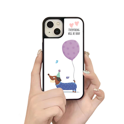 Dachshund with Balloon iPhone Case – Cute Dog Cartoon with Positive Quote, Protective Cover | Famaka