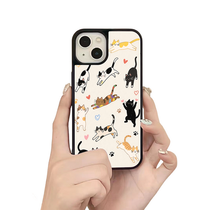 Playful Cats Cartoon iPhone Case – Cute Cat Illustration with Hearts & Paw Prints, Protective Cover | Famaka