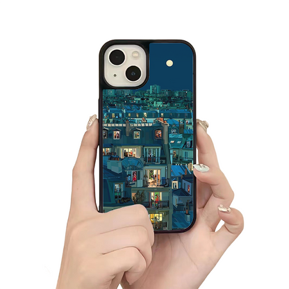 Night City Windows iPhone Case – Cozy Evening Apartment Illustration, Protective Cover | Famaka
