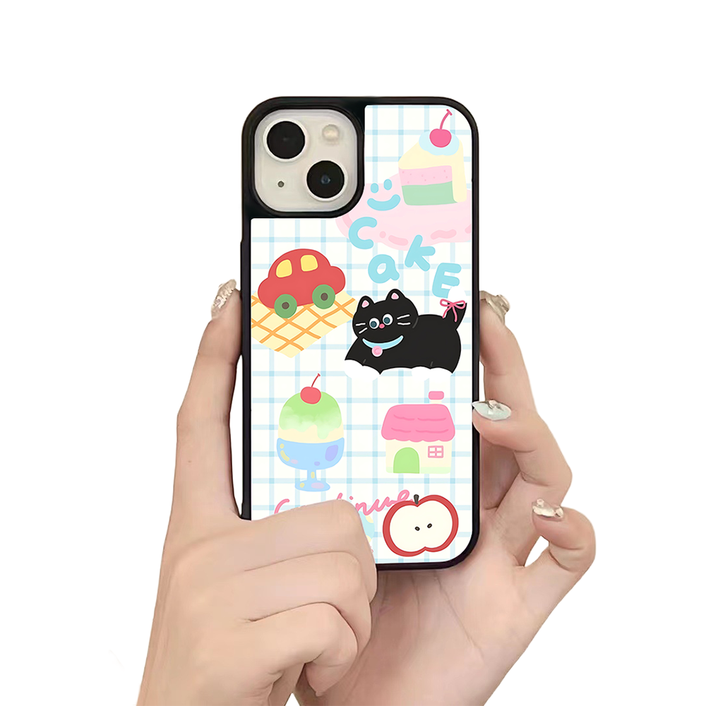 Black Cat & Cake iPhone Case – Cute Cartoon Cat with Dessert & Playful Illustration, Protective Cover | Famaka