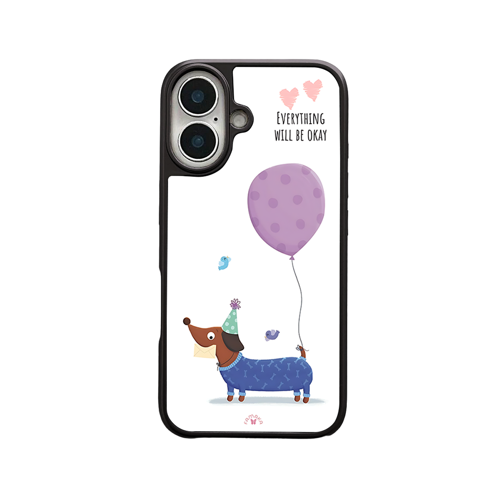 Dachshund with Balloon iPhone Case – Cute Dog Cartoon with Positive Quote, Protective Cover | Famaka